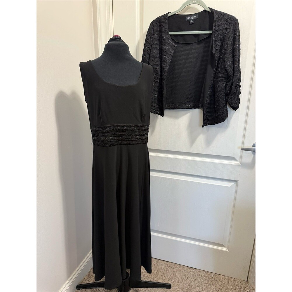 Perceptions New York Suit Set Womens Size 12 Black Dress & Open Jacket 2pc
